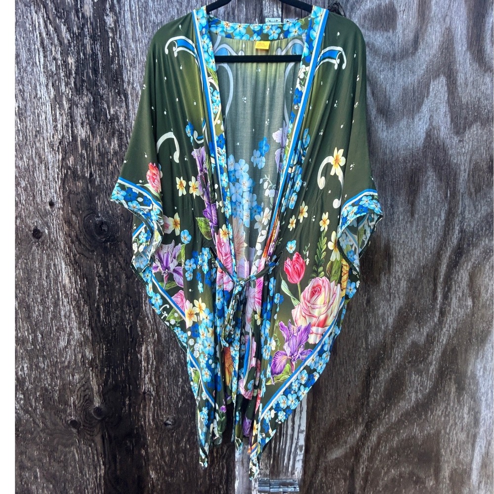 Agua Bendita Floral Kimono Wrap Olive Green Cover Up Boho Beach Summer Festival